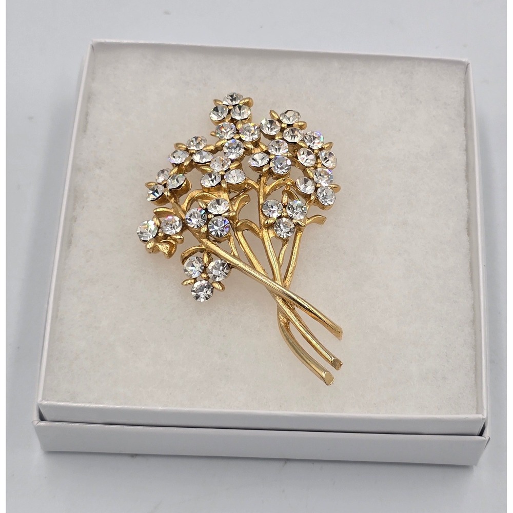 Vintage Emmons Clear Rhinestone Flower Bouquet Brooch Gold Tone Floral Spray 3"